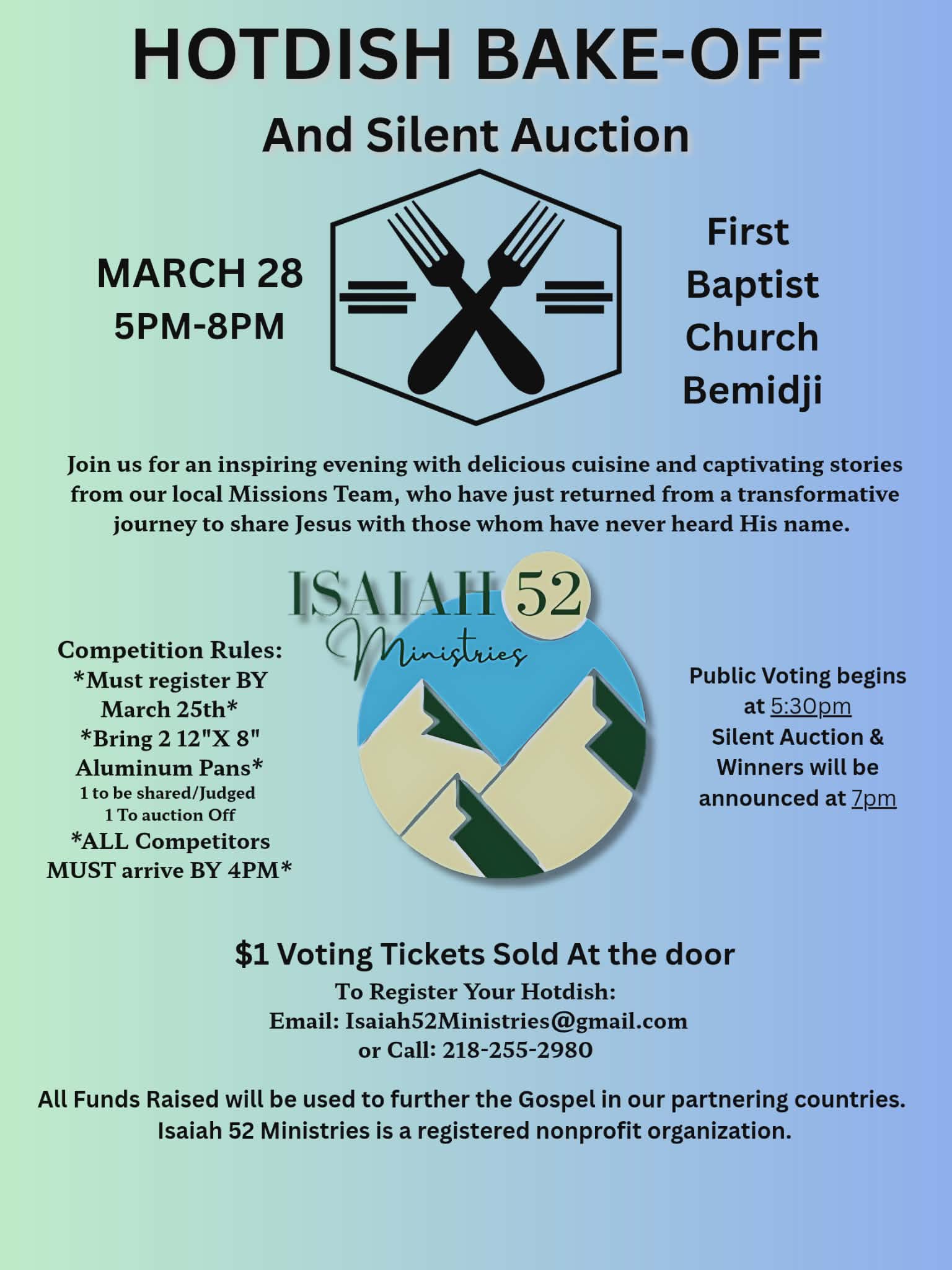 Isaiah 52 Ministries Hotdish Bake-Off and Silent Auction @ First Baptist Church Bemidji