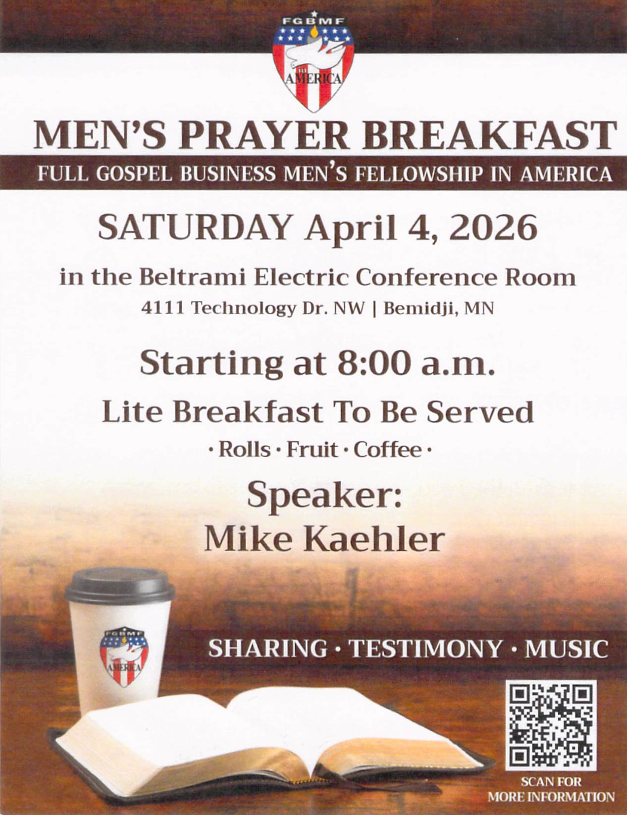 Bemidji Full Gospel Fellowship Men's Prayer Breakfast @ Beltrami Electric Conference Room